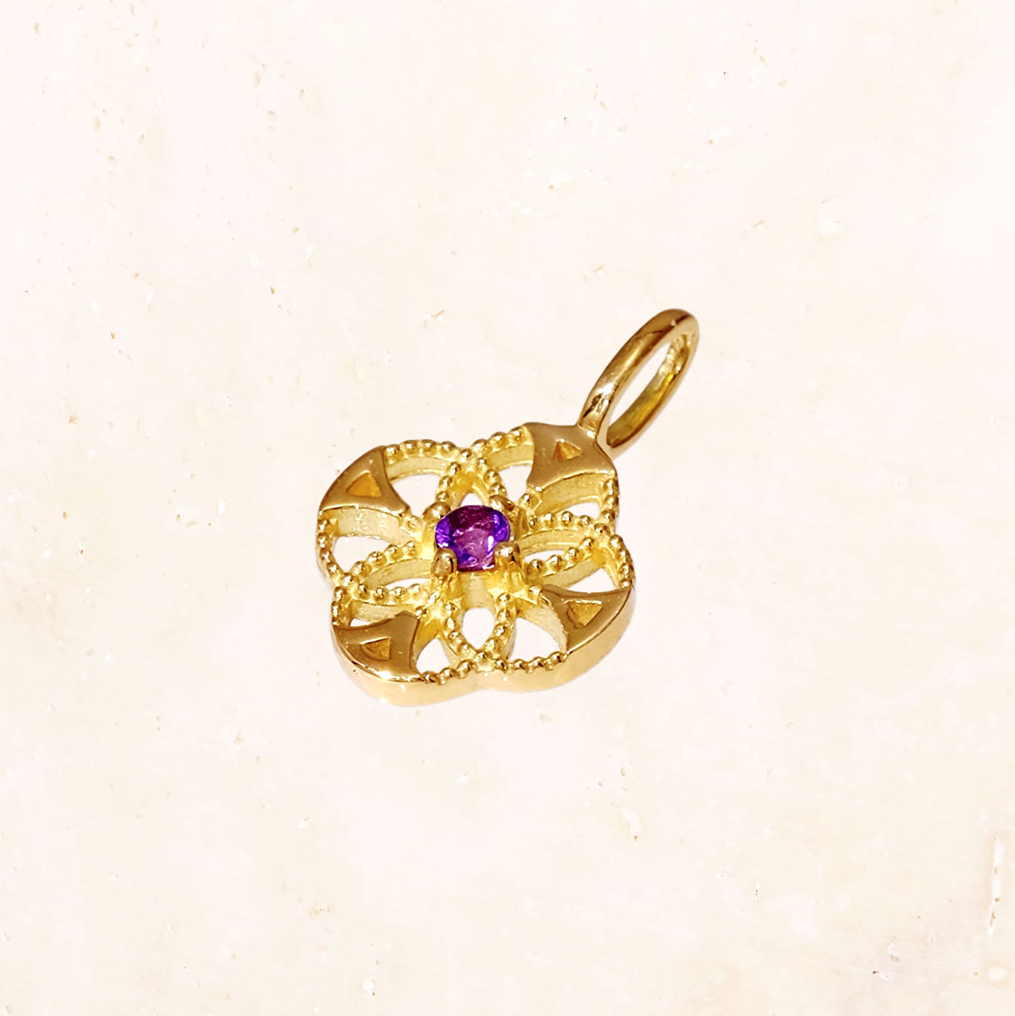 18K Gold Lace Flower Birthstone Charm (Amethyst)