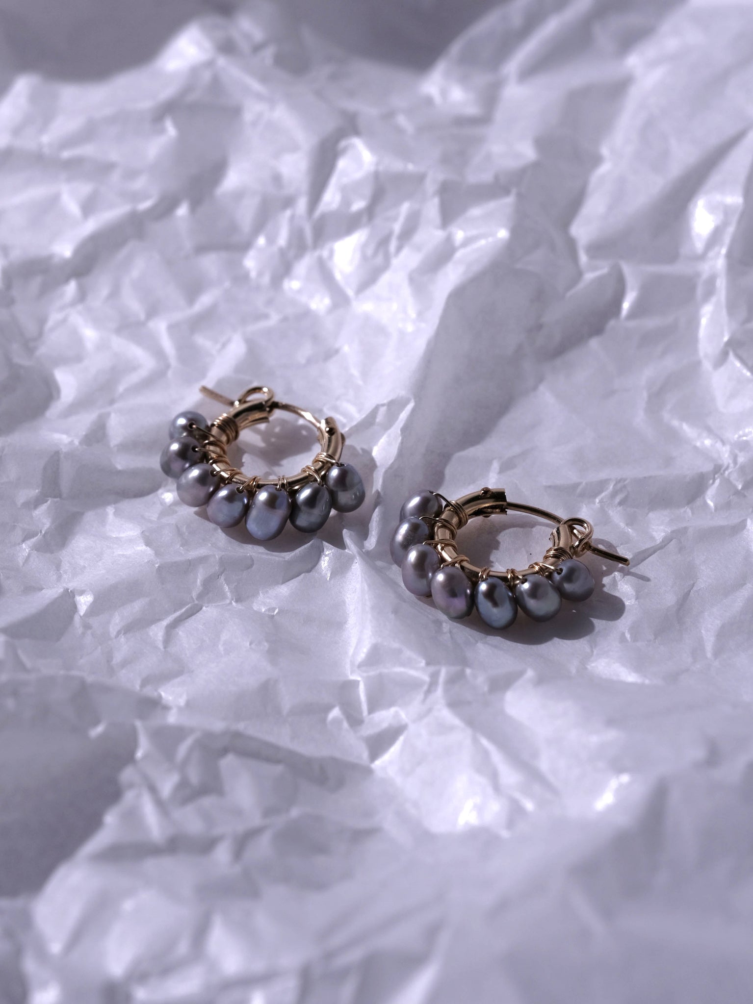 Gray Pearl Wrapped Hoop Earrings S