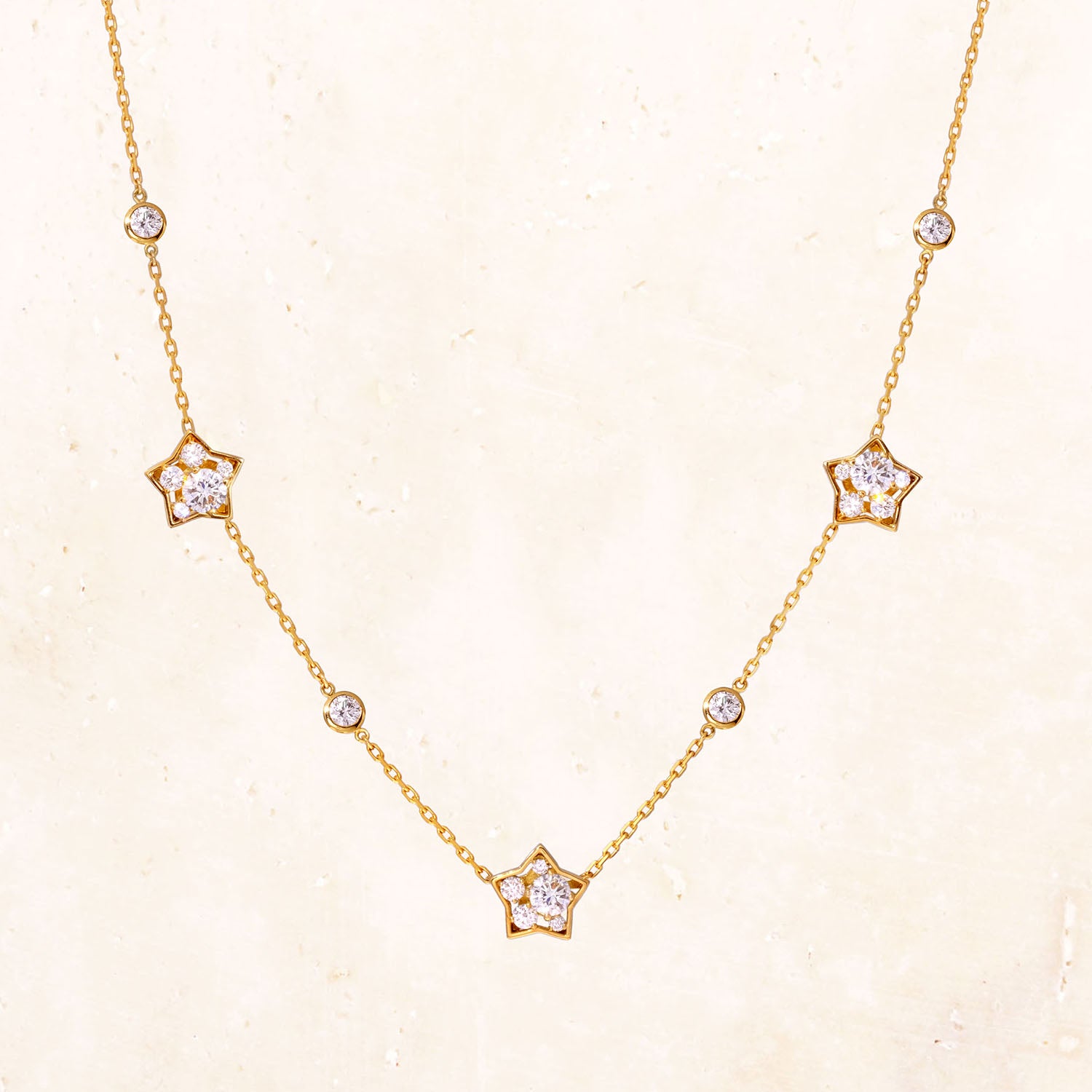 [Made to order] 18K Gold Puffy Star Three Motif Necklace (Lab-Grown Diamond)