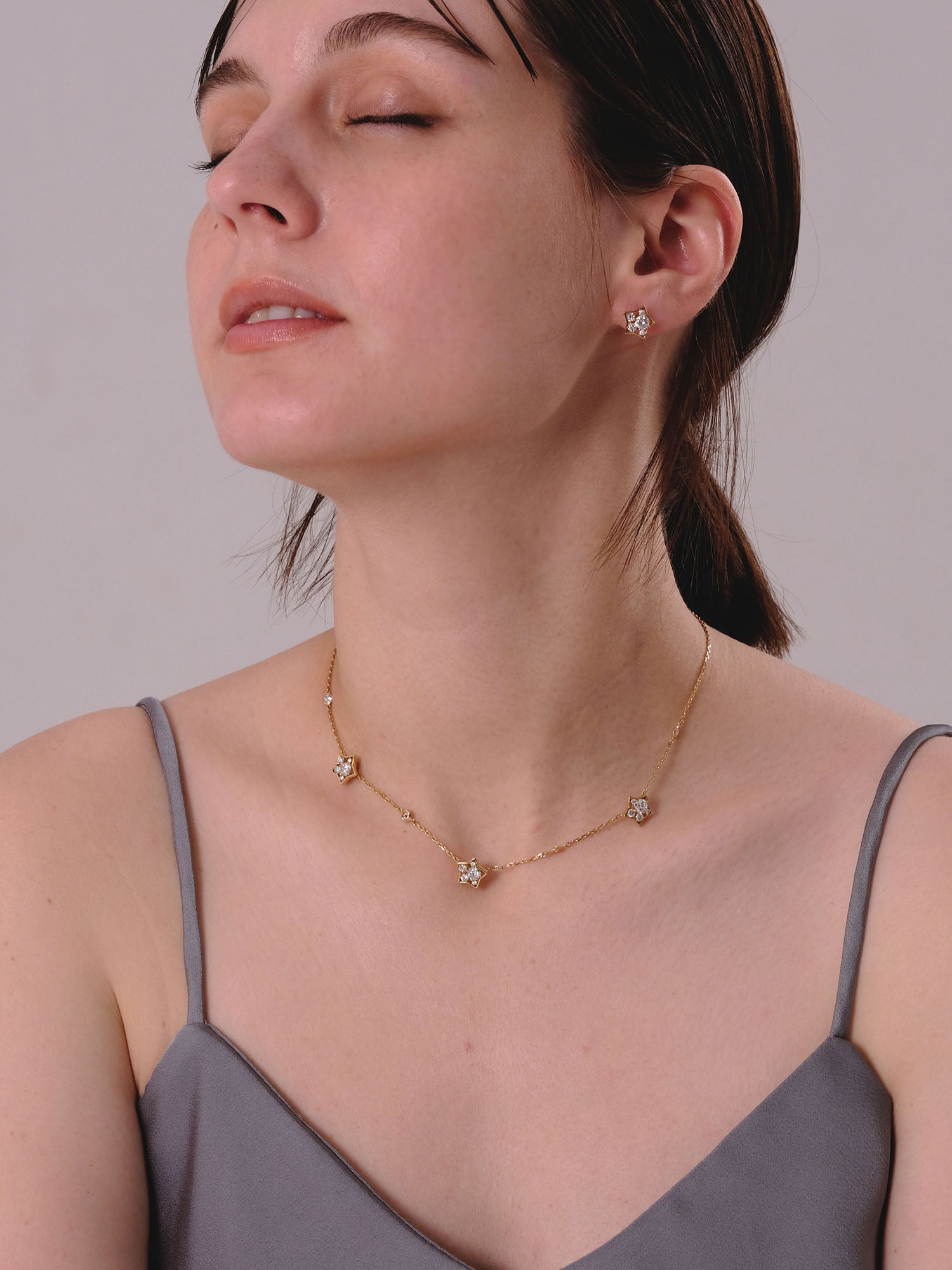 [Made to order] 18K Gold Puffy Star Three Motif Necklace (Lab-Grown Diamond)