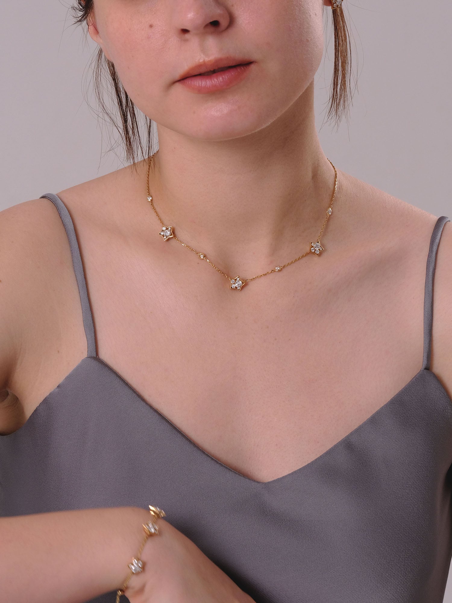 [Made to order] 18K Gold Puffy Star Three Motif Necklace (Lab-Grown Diamond)