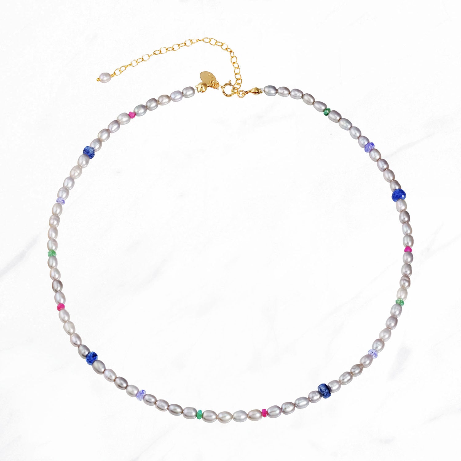 Pearl & Multi Gemstone Station Necklace (Gray)