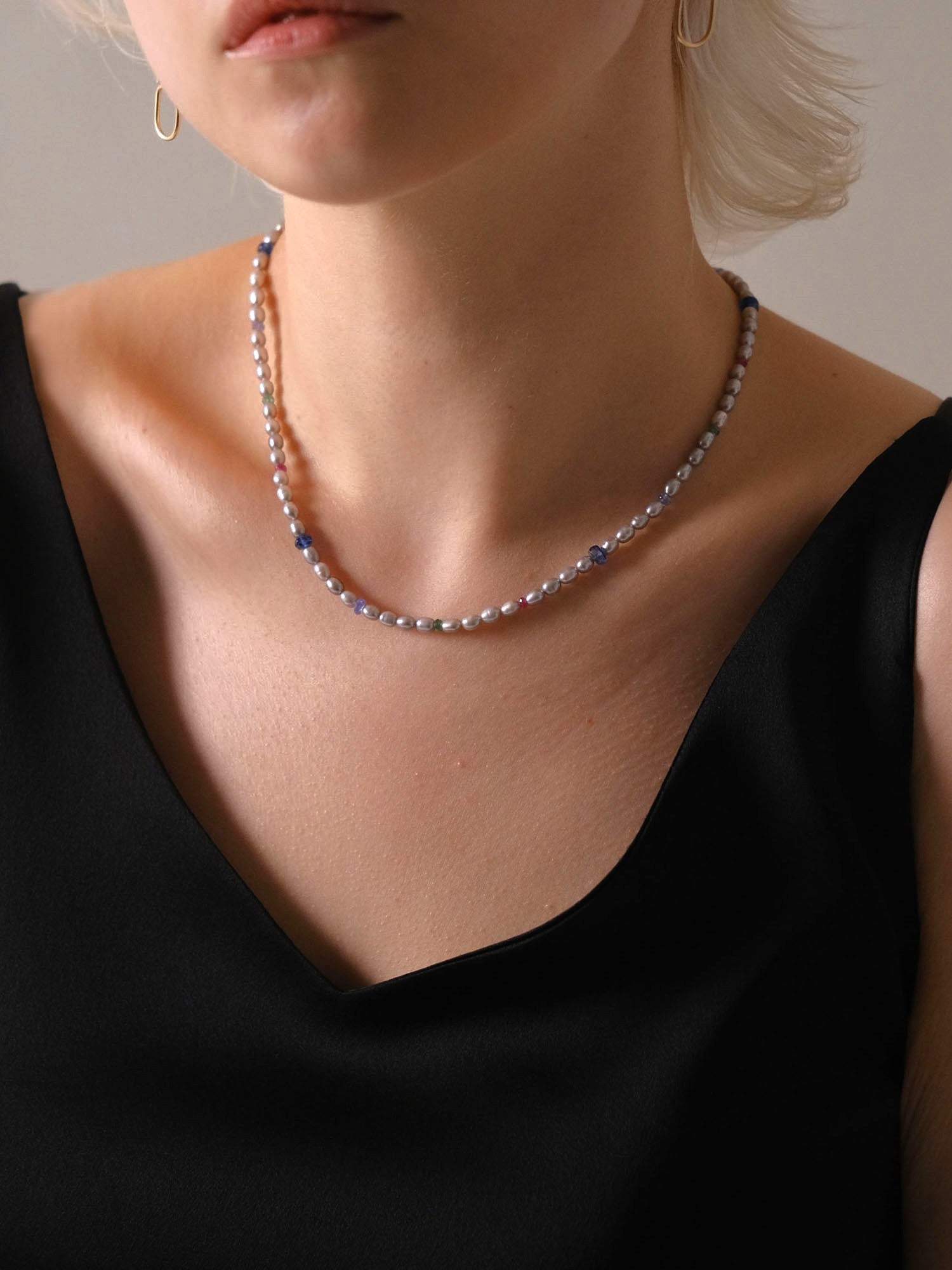 珍珠&宝石项链（灰色）