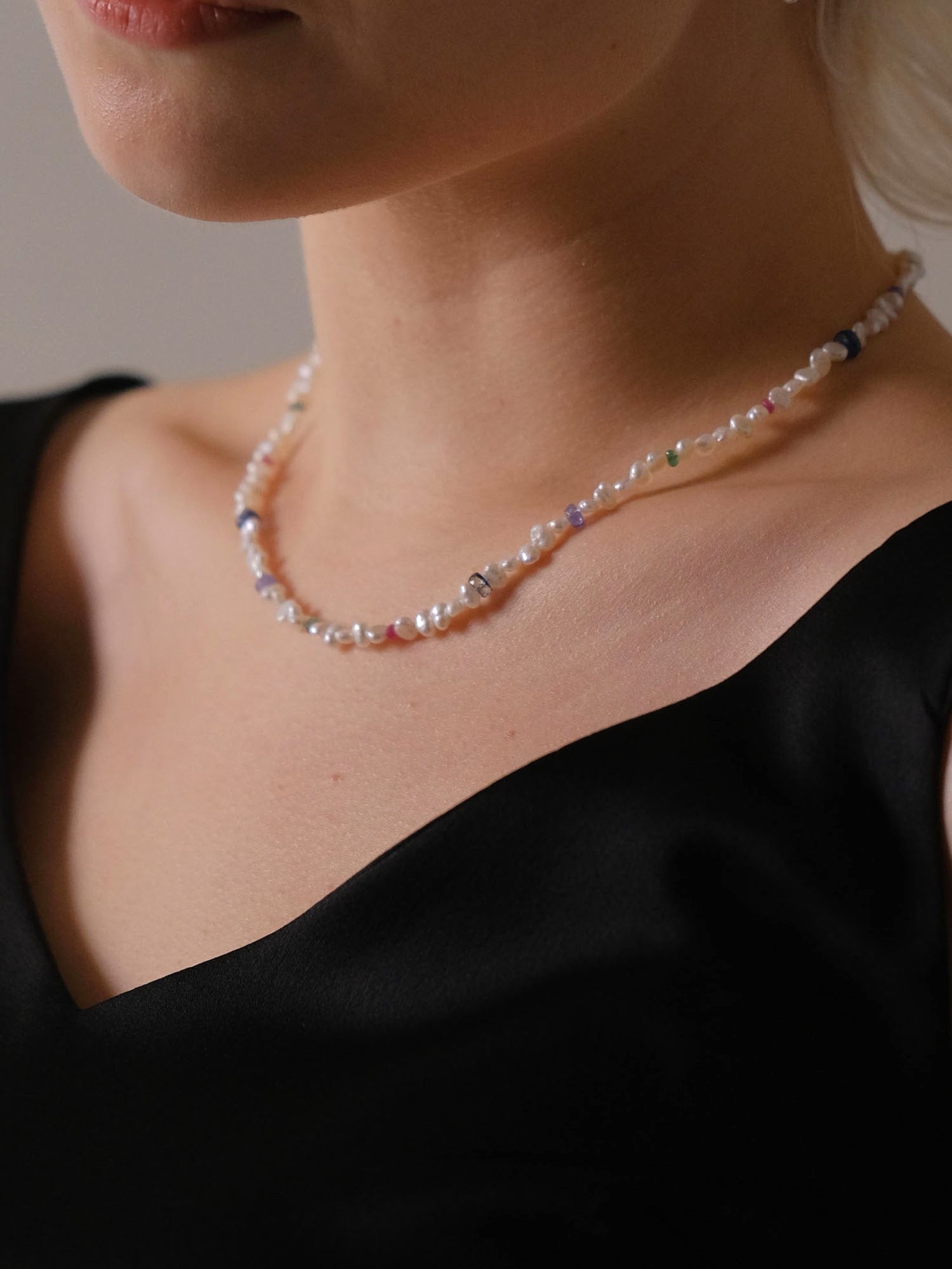 Pearl & Multi Gemstone Station Necklace (White)