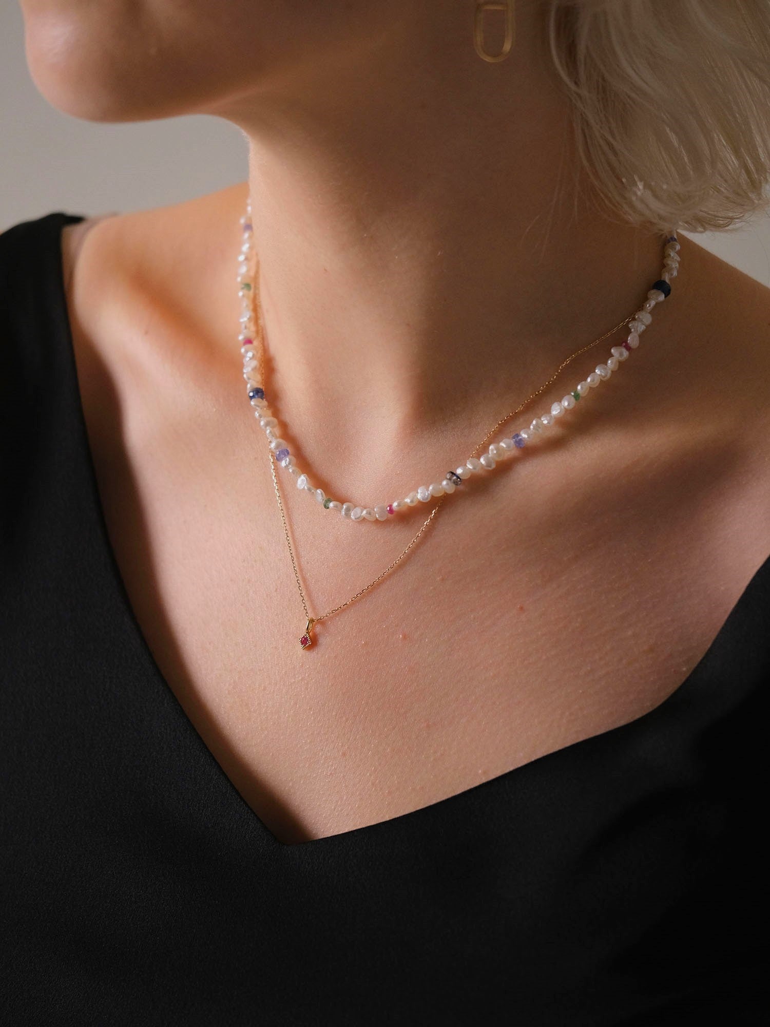 Pearl & Multi Gemstone Station Necklace (White)