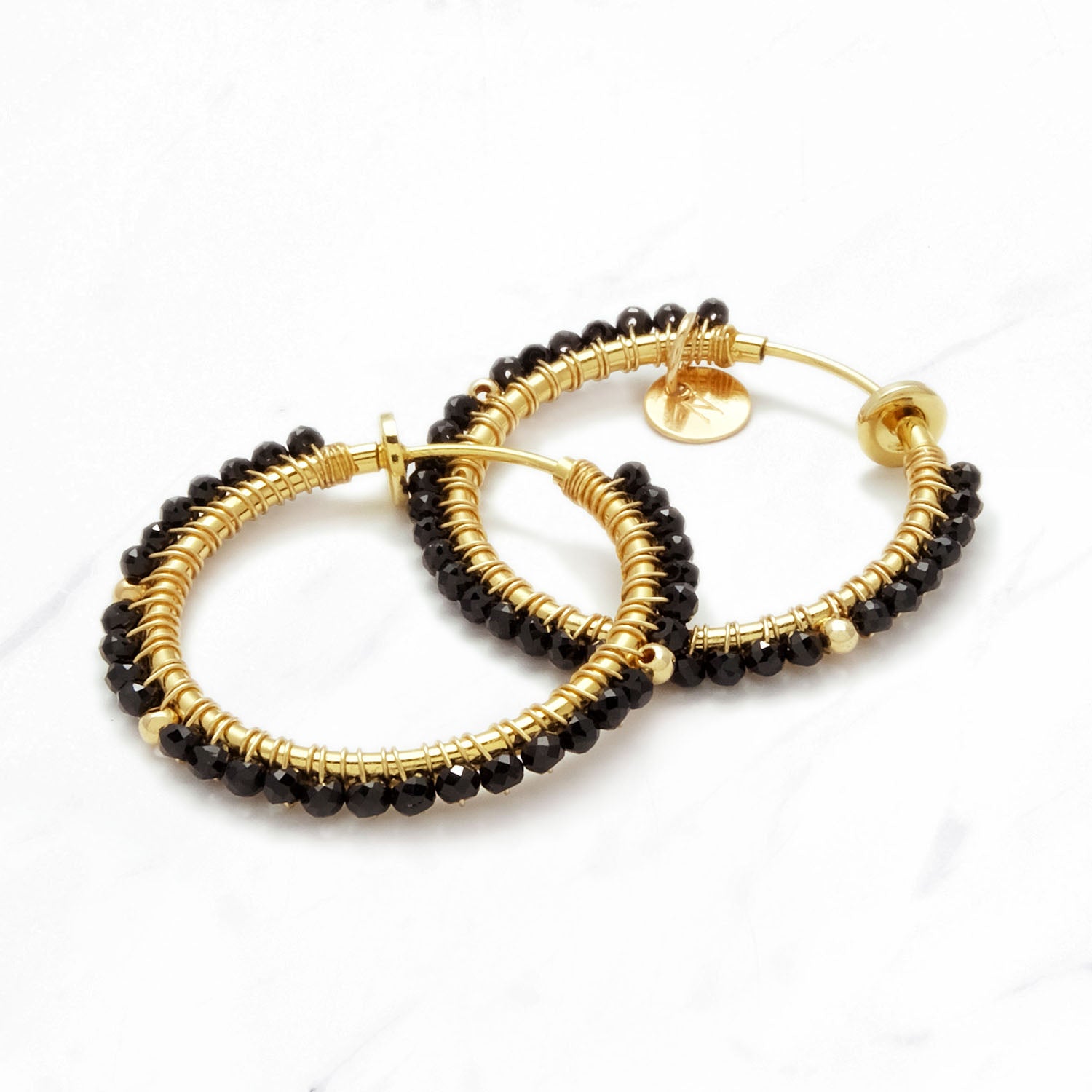 Black Spinel Wrapped Hoop Clip Earrings M