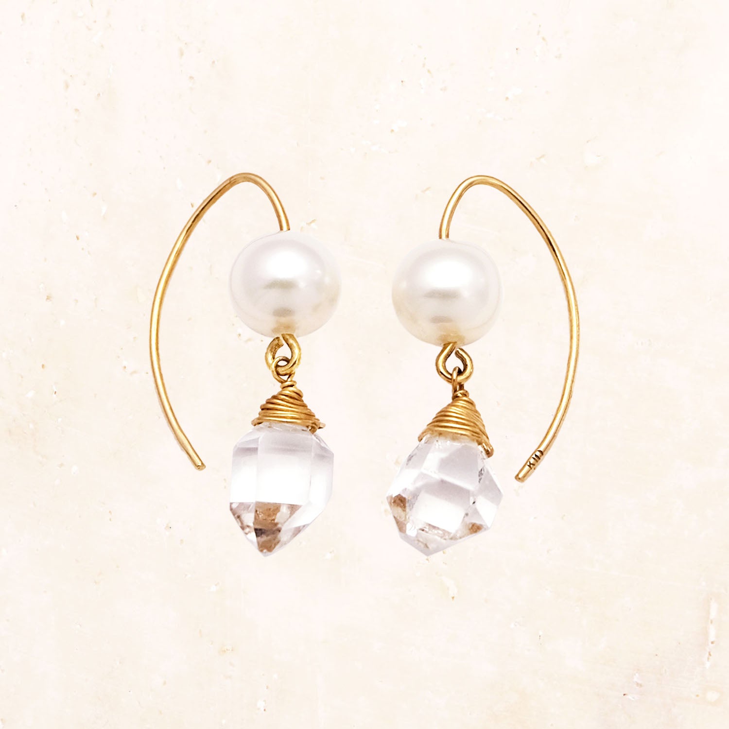 10K Herkimer Quartz & Pearl Hook Earrings