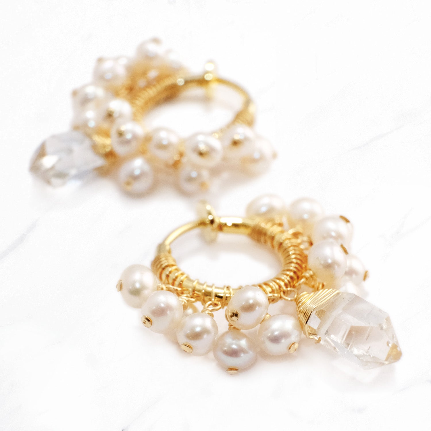 Herkimer Quartz & Pearl Wrapped Clip Earrings