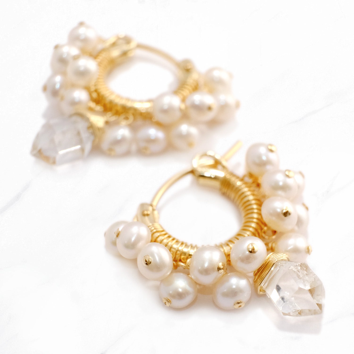 Herkimer Quartz & Pearl Wrapped Hoops