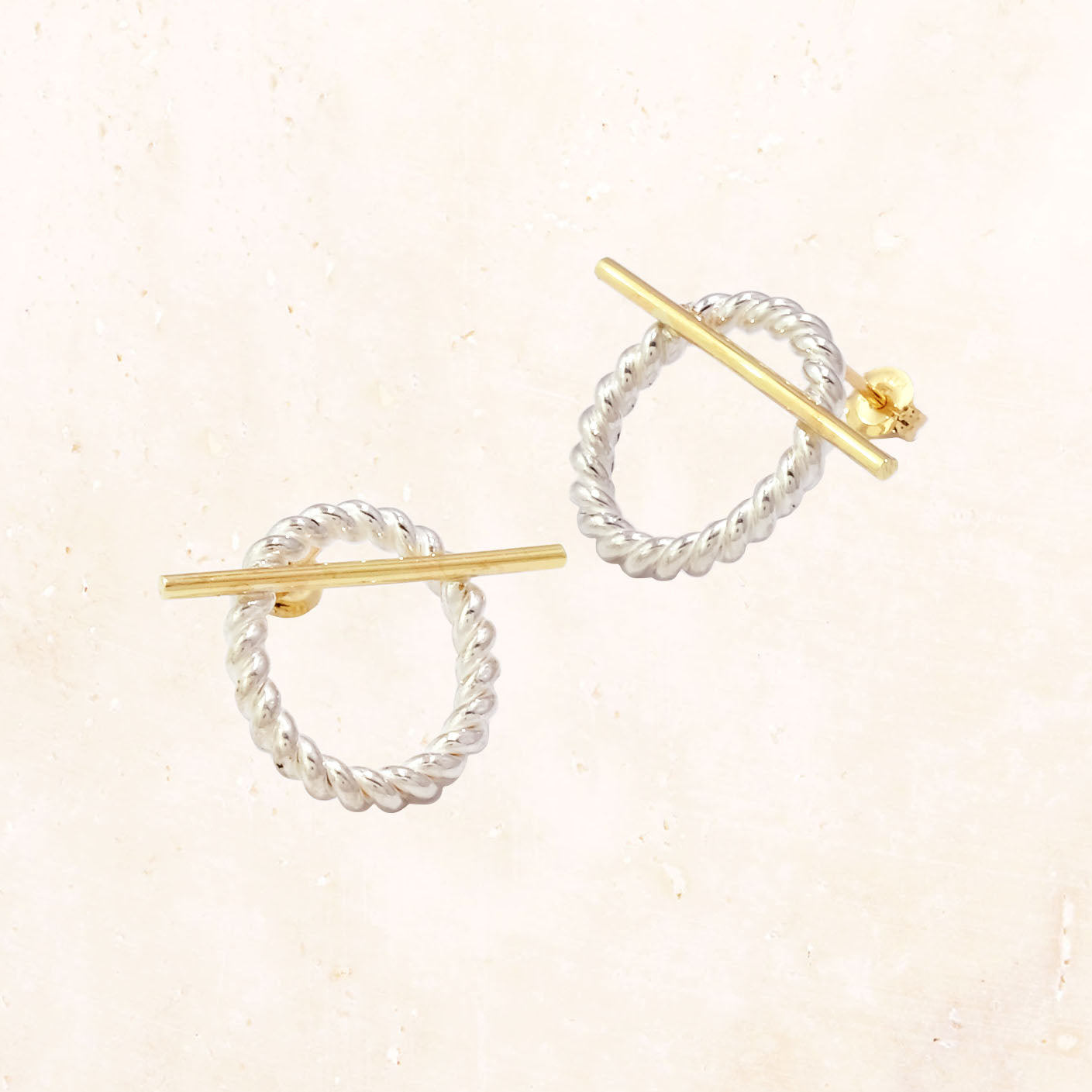 Twist Oval & 10K Gold Bar 2-way Earrings (Turquoise)