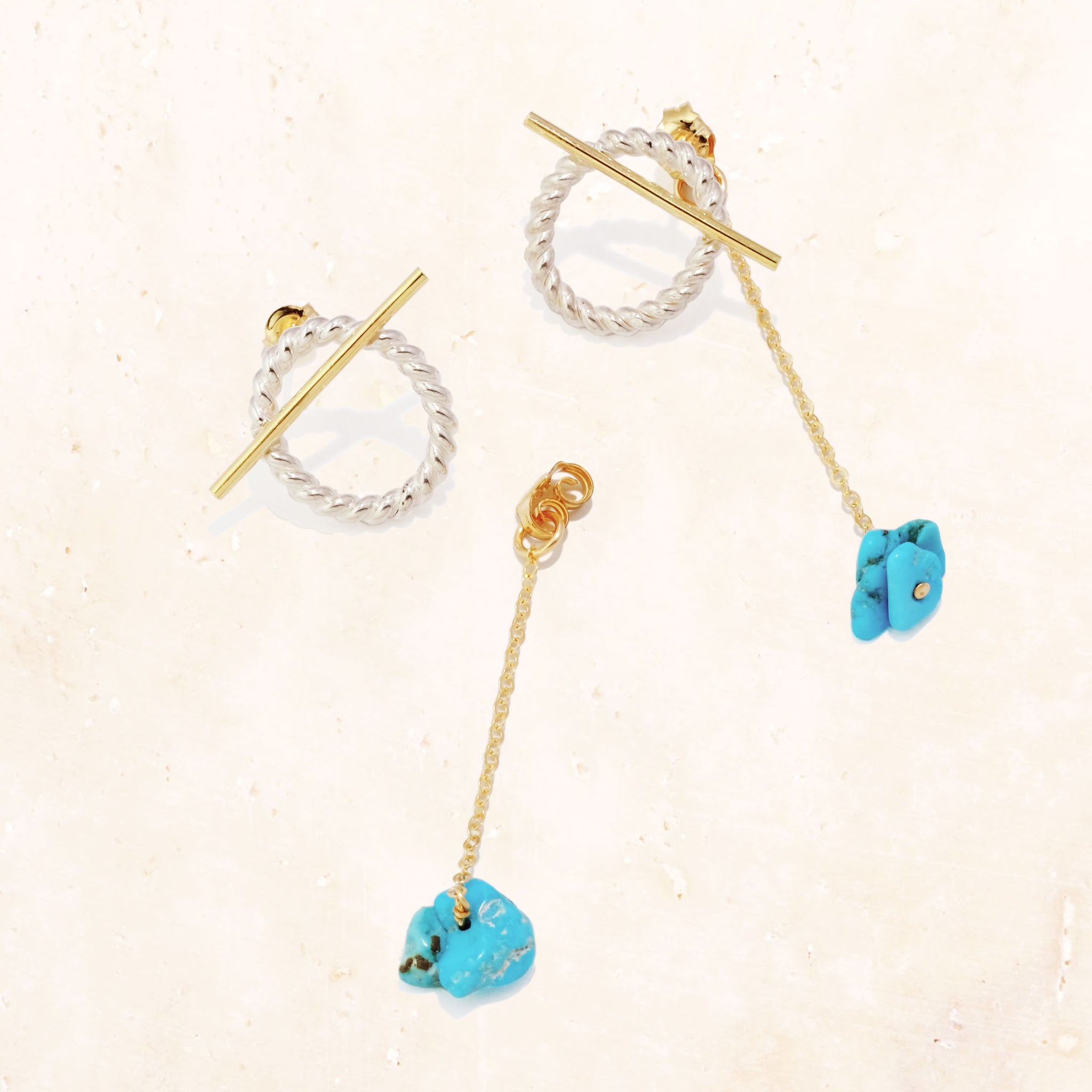 Twist Oval & 10K Gold Bar 2-way Earrings (Turquoise)