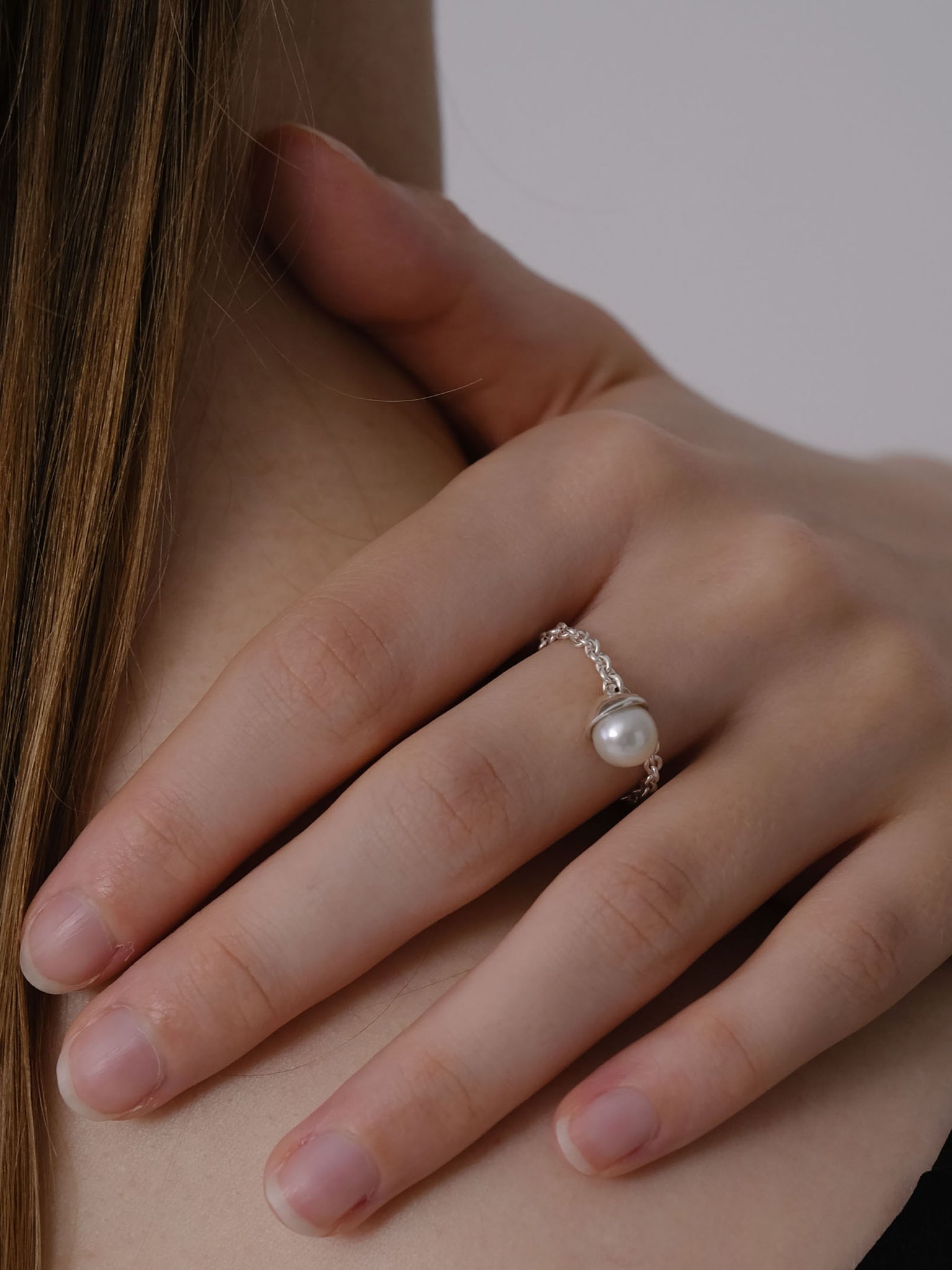 SILVER Calla Chain Pearl Ring