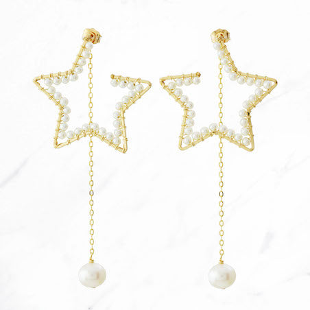 Pearl Star Shaped Drop-chain Earrings