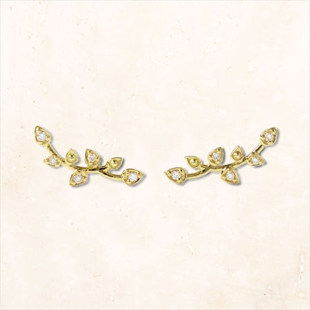 18K Gold Diamond Twig Leaves Earrings